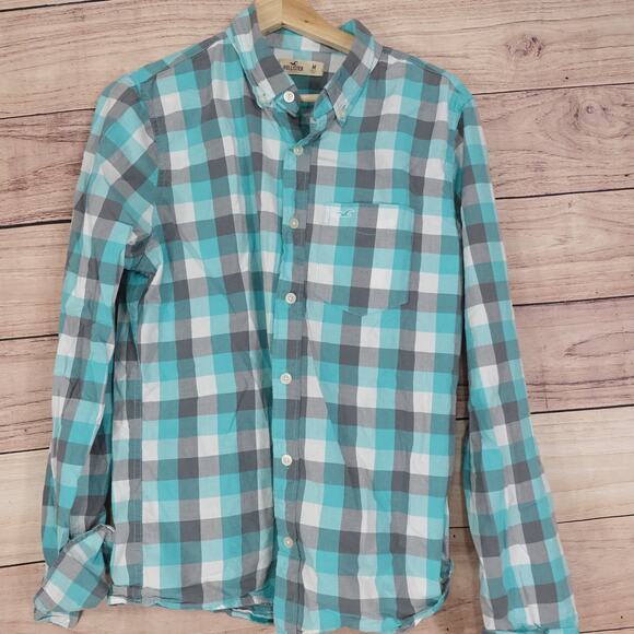 HOLLISTER CALIFORNIA LONG SLEEVE TEAL CHECK BUTTON DOWN SHIRT MENS SIZE M - Picture 1 of 6